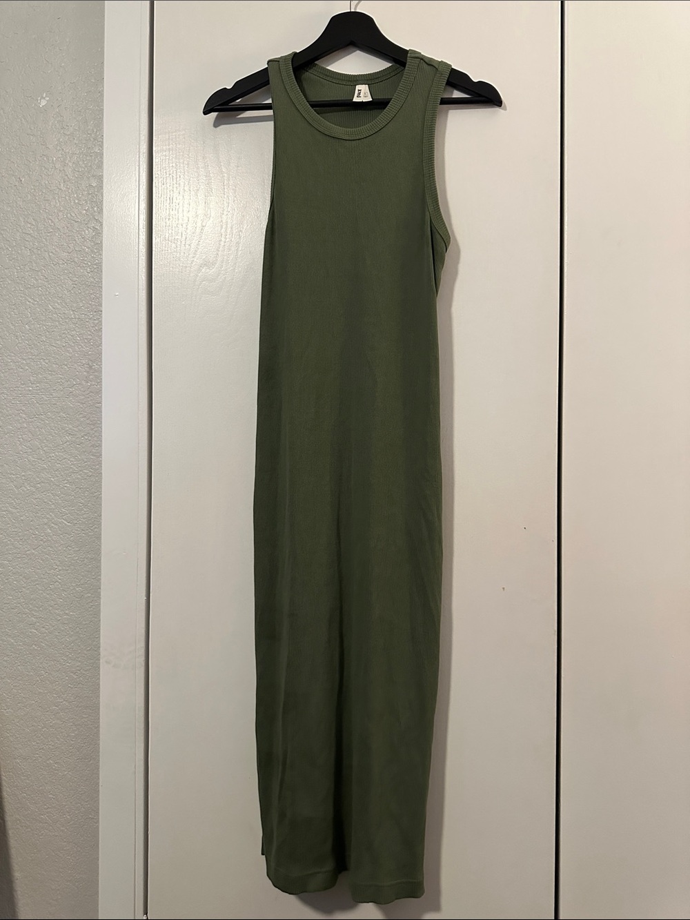 Pact Organic Cotton Ribbed Tank Maxi Dress Olive Green Side Slit S